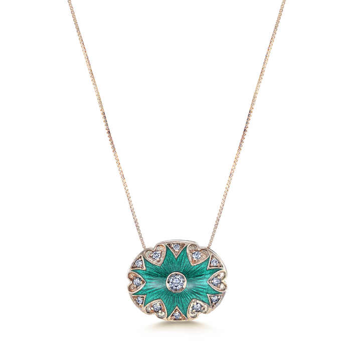 14K Yellow Gold Pendant With Diamonds & Green Enamel