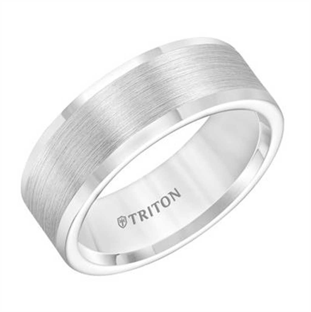Triton White Tungsten Carbide Satin Finish Flat Center with Bright Polish Round Edges Wedding Band – 8mm