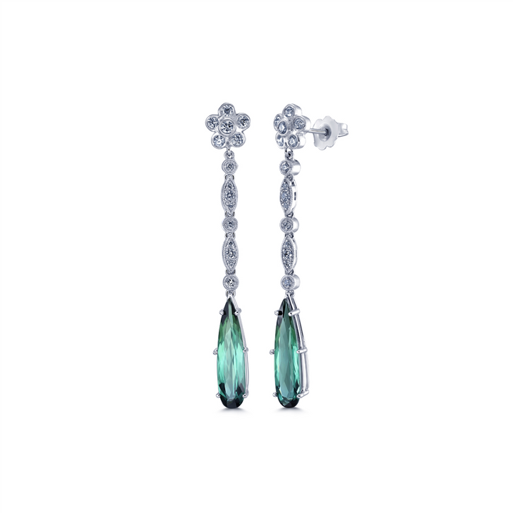 18K White Gold Dangling Tourmaline & Diamond Earrings