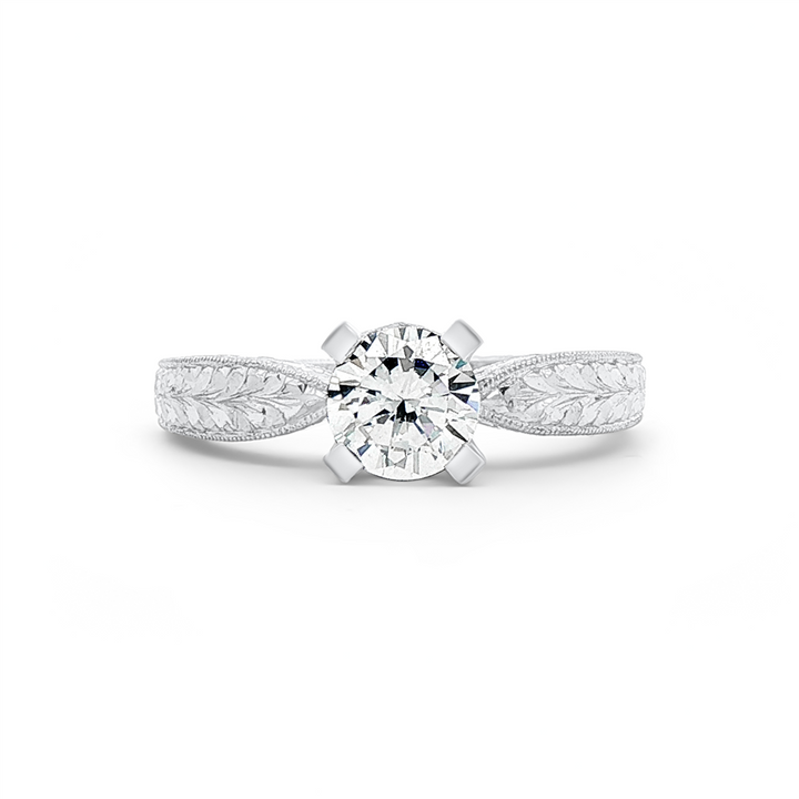 14K White Gold Hand-Engraved Natural Diamond Prong Solitaire Semi-Mount Engagement Ring