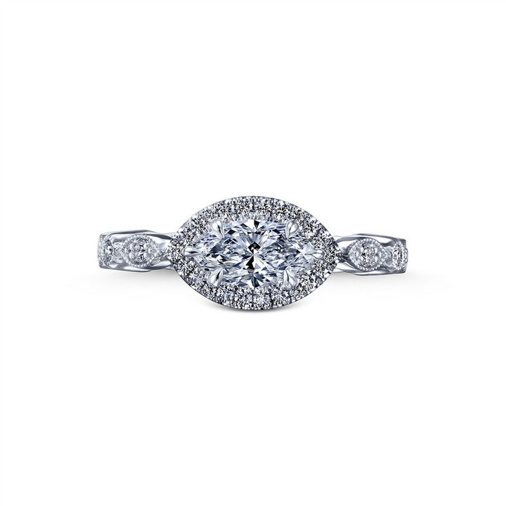 18K White Gold Engagement Ring with Natural Marquise Center Diamond – 0.90ctw.