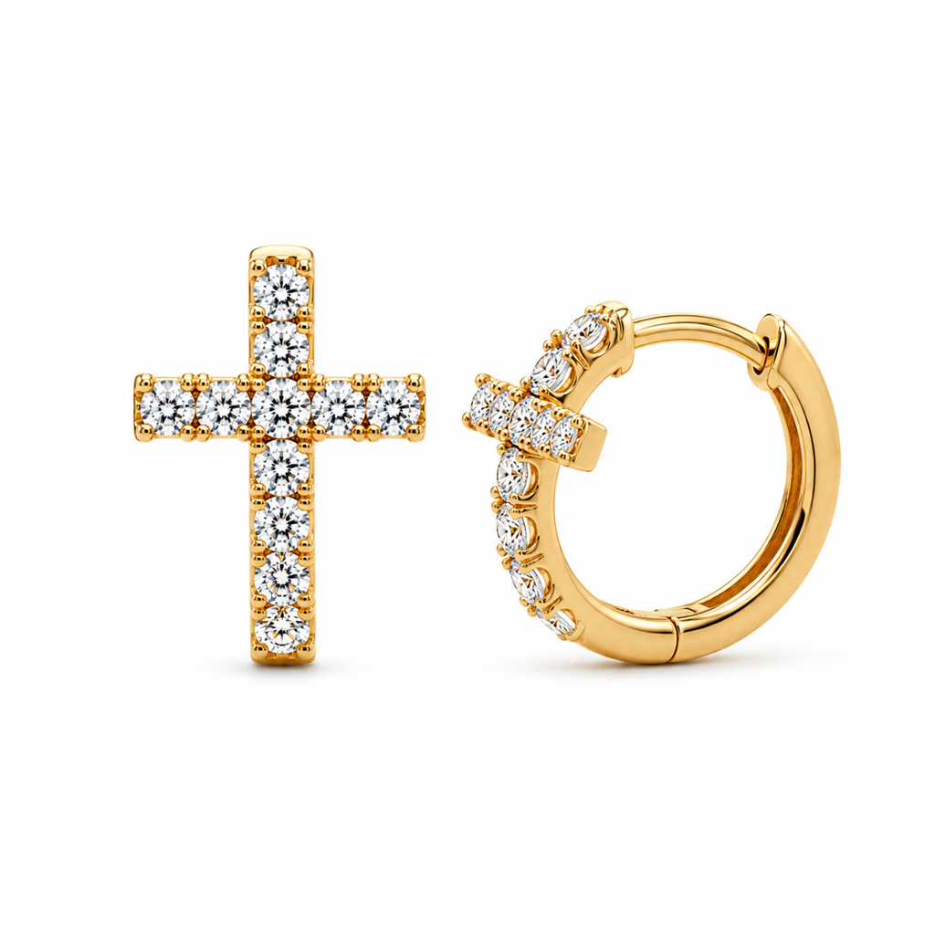 14K Yellow Gold 0.32ctw Natural Diamond Cross Huggie Earrings