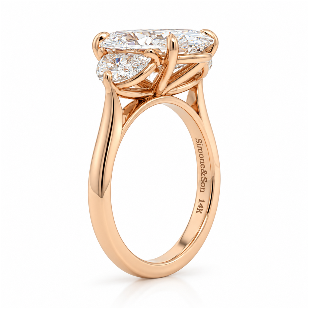 3 Stone Oval Diamond With Half Moon Shaped Diamonds Engagement Ring
