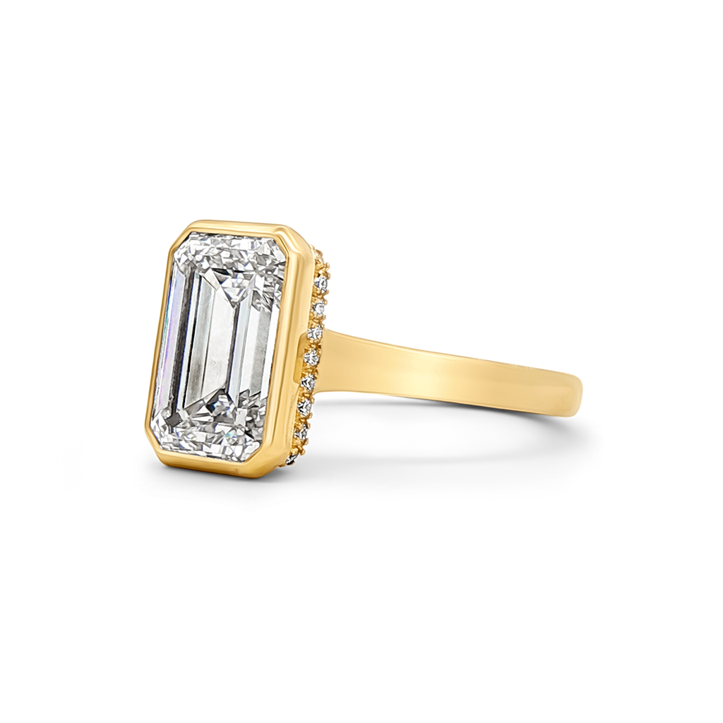 14K Yellow Gold 4.01ct Lab Grown Emerald Cut Diamond Hidden Halo Engagement Ring