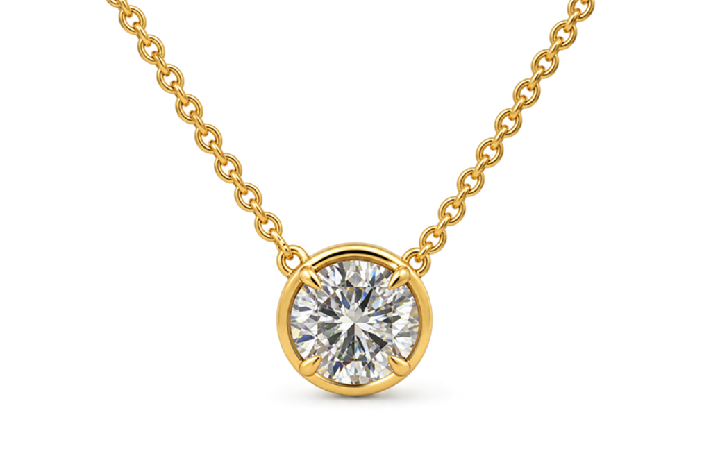 14K Yellow Gold Natural Diamond Bezel-Prong Pendant Necklace – 0.91ct. Round Diamond (GIA), 18" Rolo Chain
