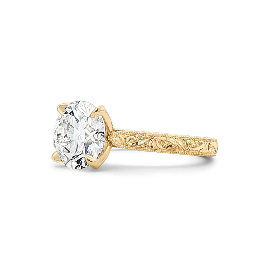 14K Yellow Gold Hand-Engraved Tulip Lab Grown Diamond Semi-Mount Engagement Ring