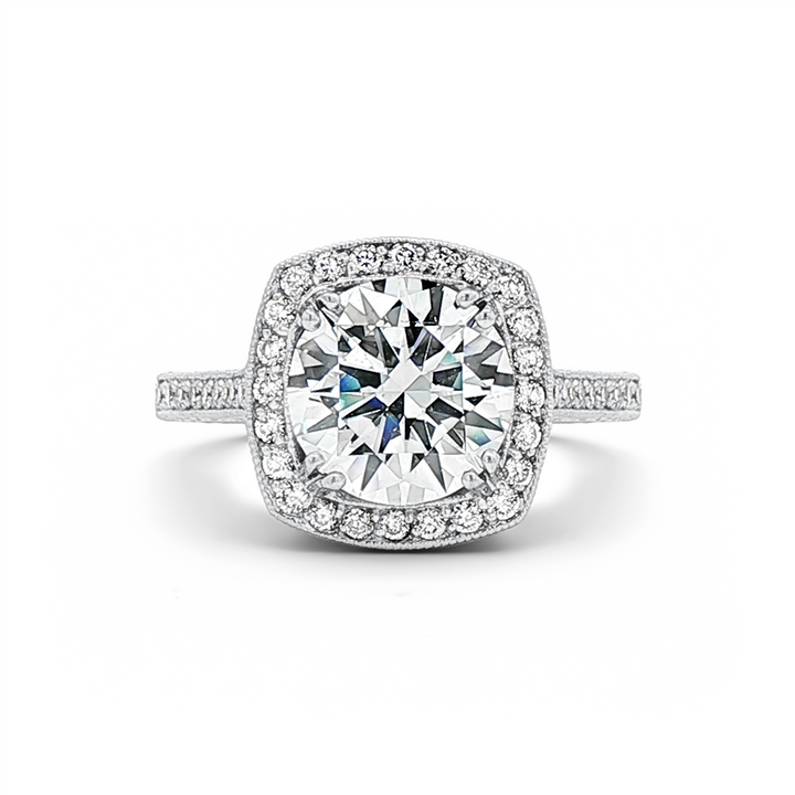 18K White Gold Hand-Engraved Cushion Halo Natural Diamond Semi-Mount Engagement Ring