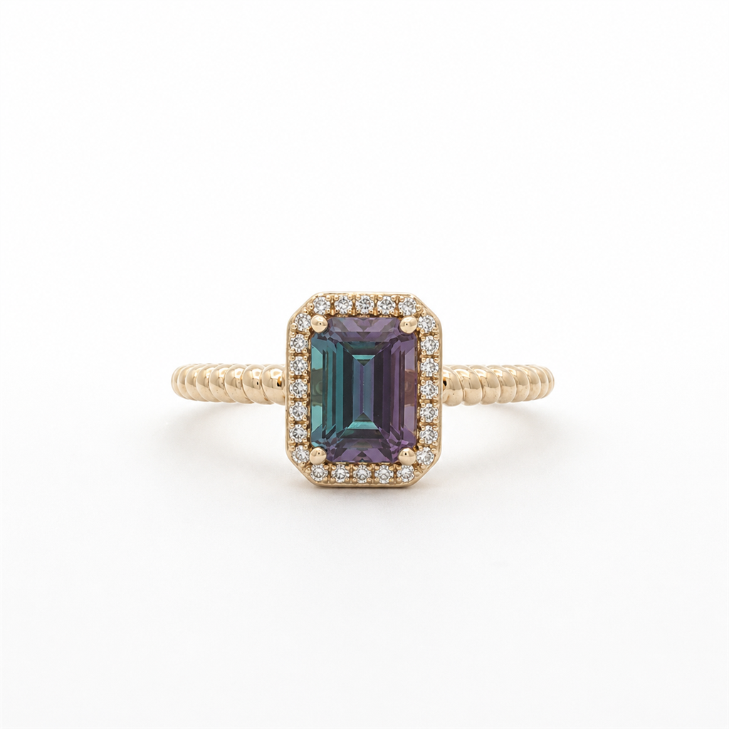 14K Yellow Gold Lab Alexandrite & Natural Diamond Halo Ring