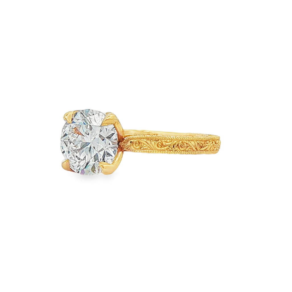 14K Yellow Gold Hand Engraved Tulip Design Diamond Engagement Ring – Semi-Mount | Size 6
