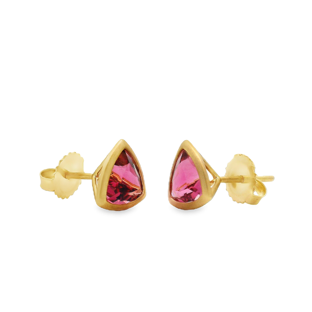 18K Yellow Gold Trillion-Cut Pink Tourmaline Bezel Stud Earrings – 2.59ctw.
