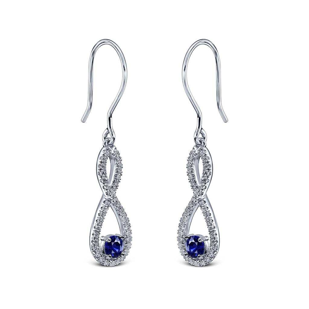 18K White Gold Infinity Design Dangling Earrings With Sapphires & Diamonds