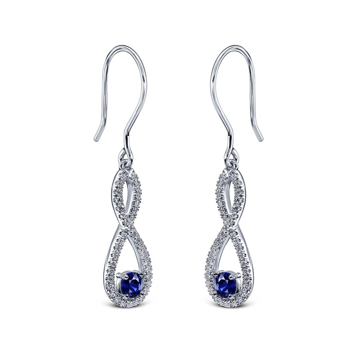 18K White Gold Infinity Design Dangling Earrings With Sapphires & Diamonds