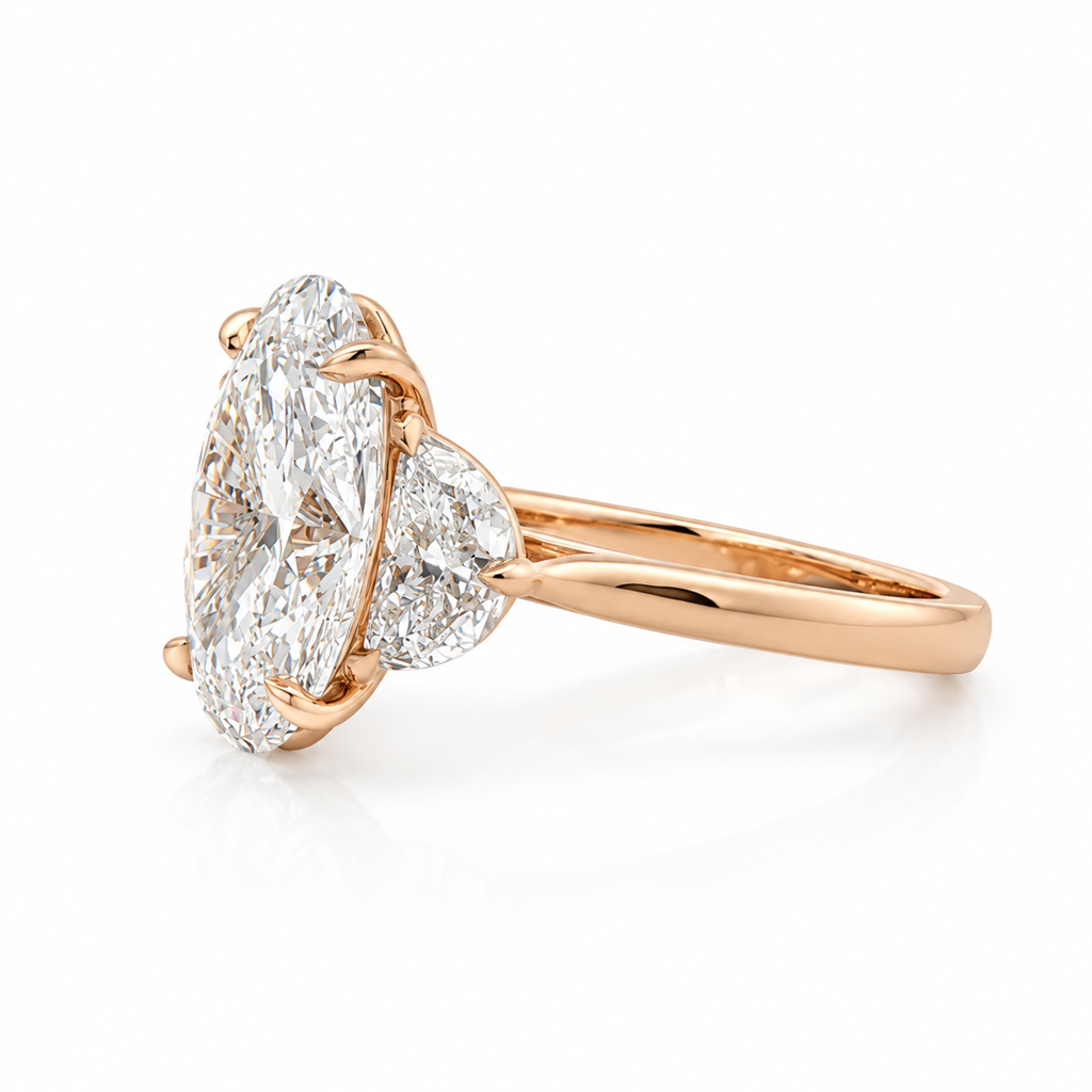 3 Stone Oval Diamond With Half Moon Shaped Diamonds Engagement Ring