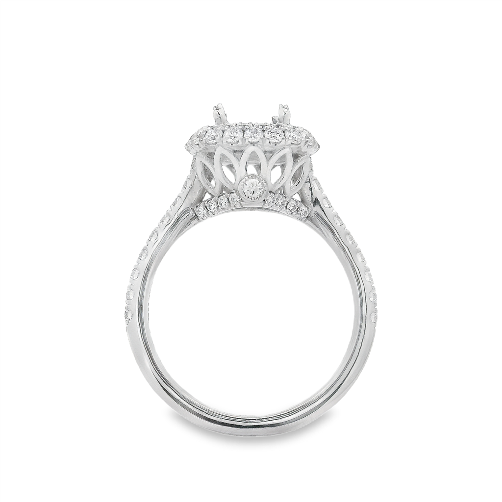 18K White Gold Halo Semi-Mount Engagement Ring – 0.87ctw.