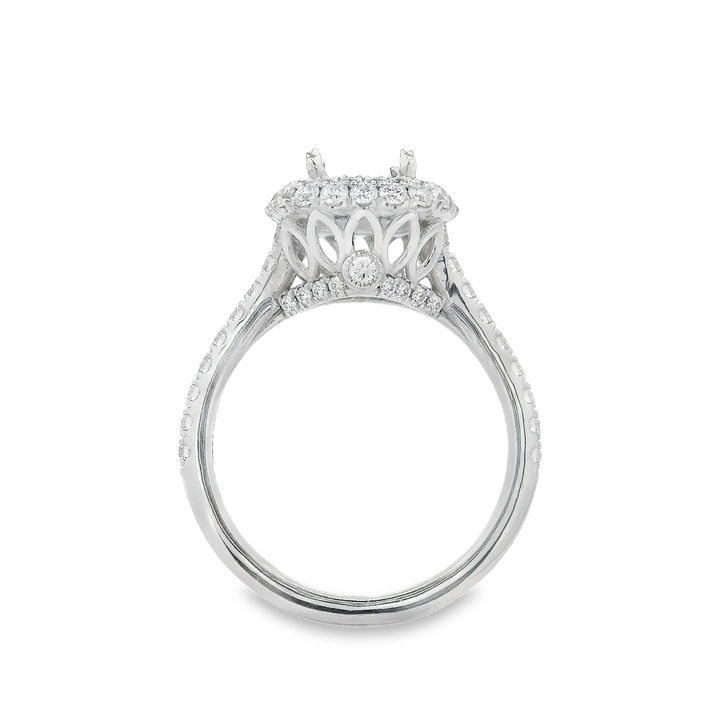 18K White Gold Halo Semi-Mount Engagement Ring – 0.87ctw.