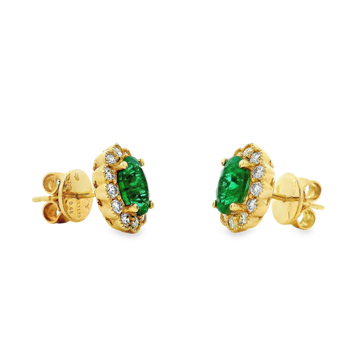 18K Yellow Gold Emerald Stud Earrings with Diamond Halo – 0.53ctw Diamonds