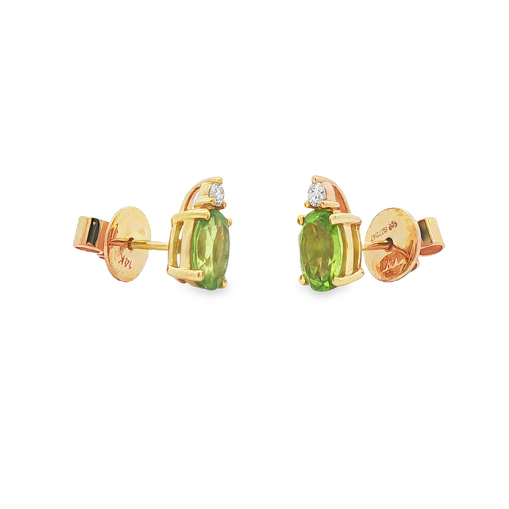 14K Yellow Gold 7x5mm Peridot Stud Earrings with Diamonds – 0.08ctw.