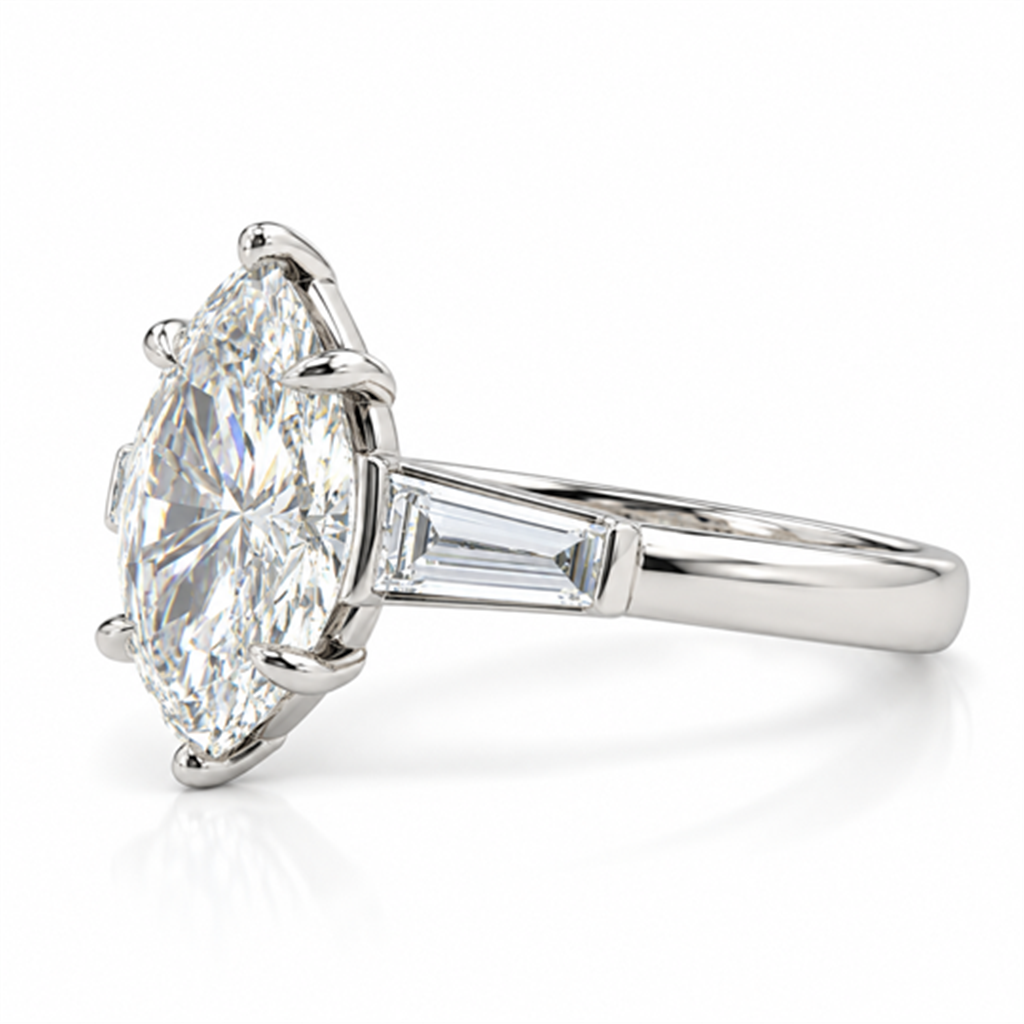 Platinum Marquise Semi-mount 3 Stone Engagement Ring .60ctw Lab Grown Baguette Cut Diamonds