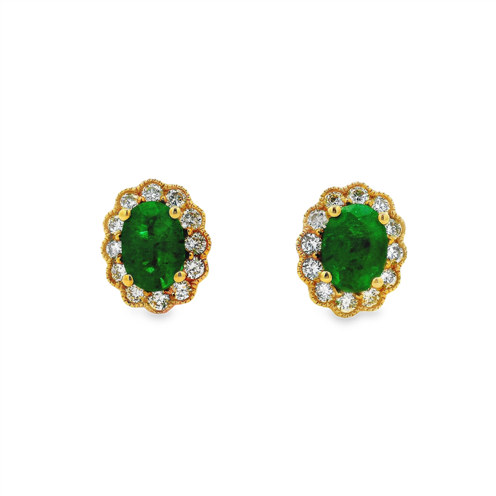 18K Yellow Gold Emerald Stud Earrings with Diamond Halo – 0.53ctw Diamonds