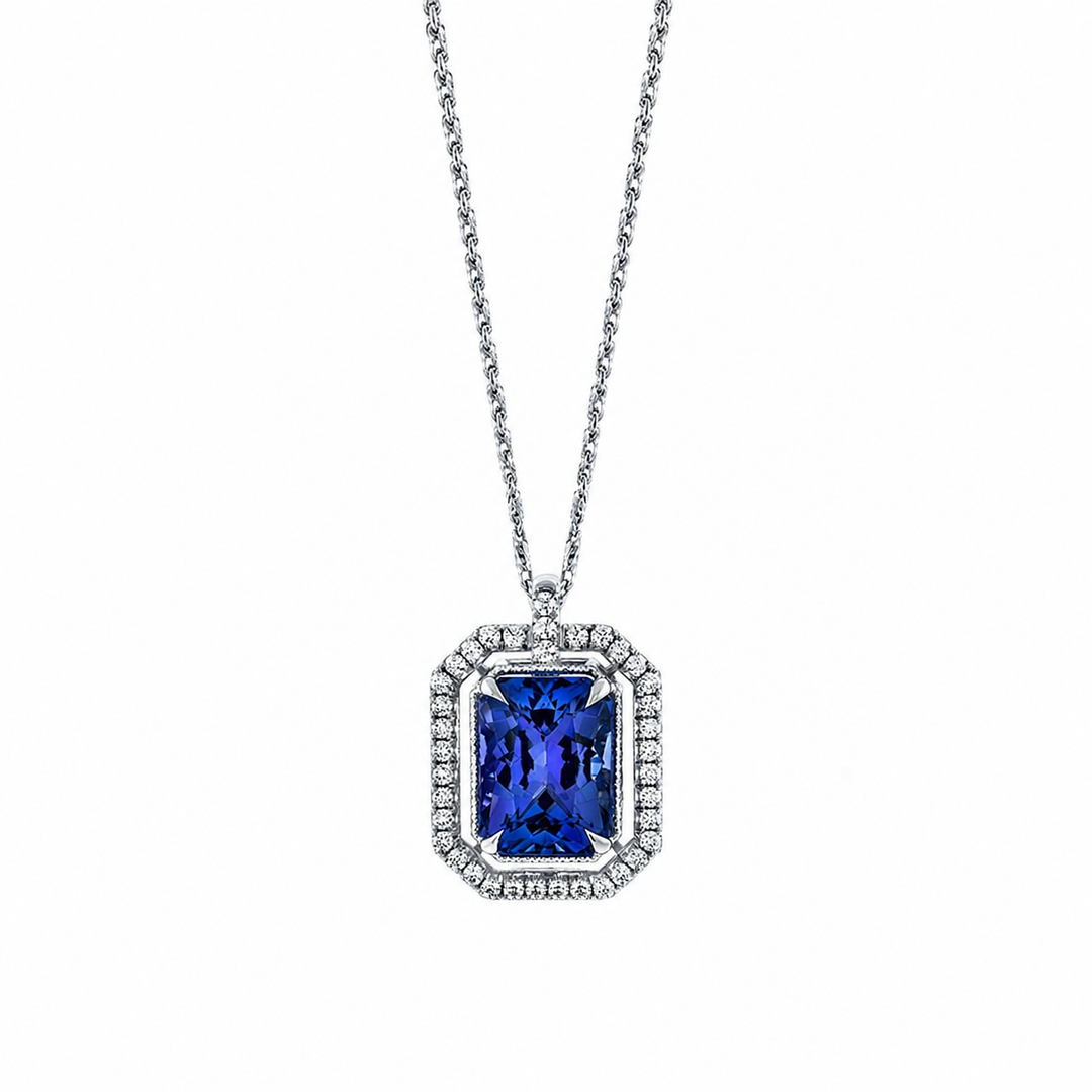 14K White Gold Pendant set with a 4.92ct Tanzanite & Diamond Halo