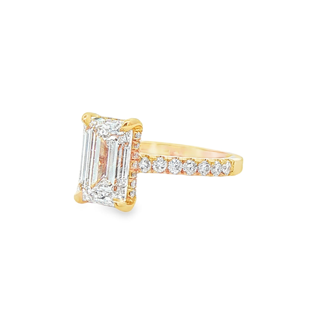 14K Yellow Gold Hidden Halo Cathedral Engagement Ring – 2.06ct Emerald-Cut Center, 0.30ctw Accents
