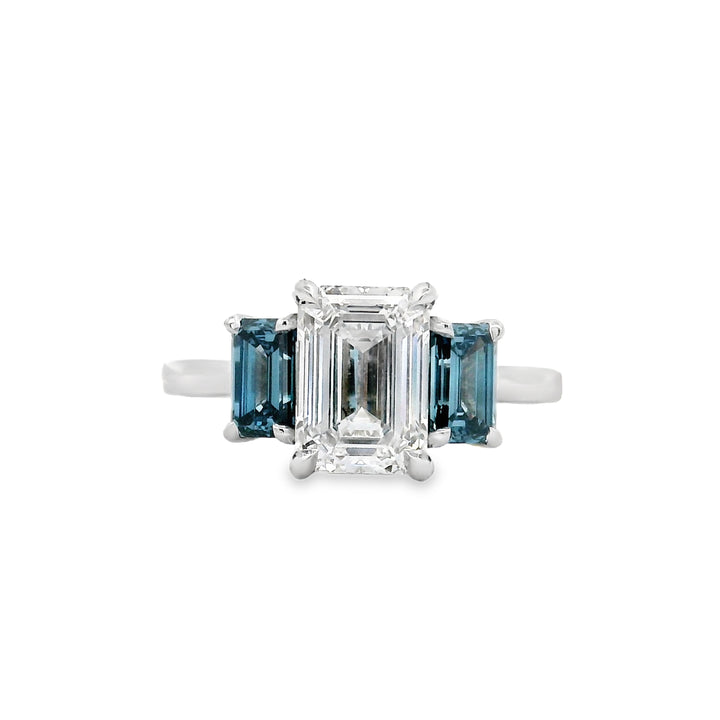 Custom 14K White Gold Three-Stone Ring with Blue Lab-Grown Diamonds – 2.02ct Center, 0.95ctw Accents