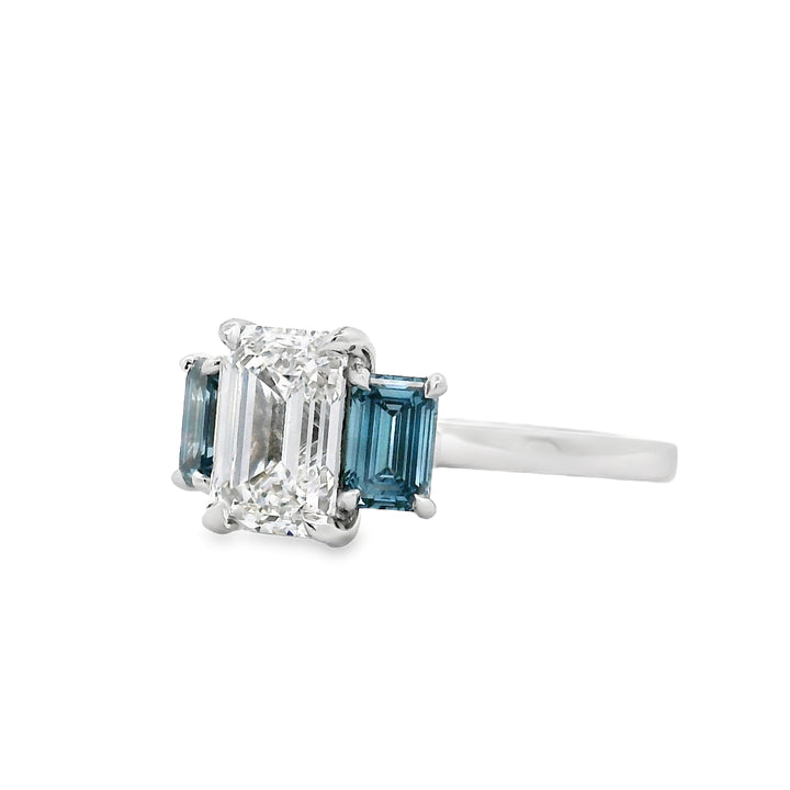 Custom 14K White Gold Three-Stone Ring with Blue Lab-Grown Diamonds – 2.02ct Center, 0.95ctw Accents