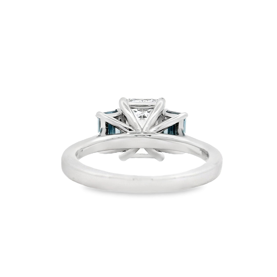 Custom 14K White Gold Three-Stone Ring with Blue Lab-Grown Diamonds – 2.02ct Center, 0.95ctw Accents