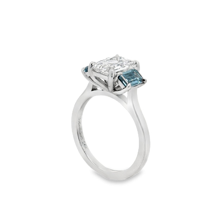 Custom 14K White Gold Three-Stone Ring with Blue Lab-Grown Diamonds – 2.02ct Center, 0.95ctw Accents