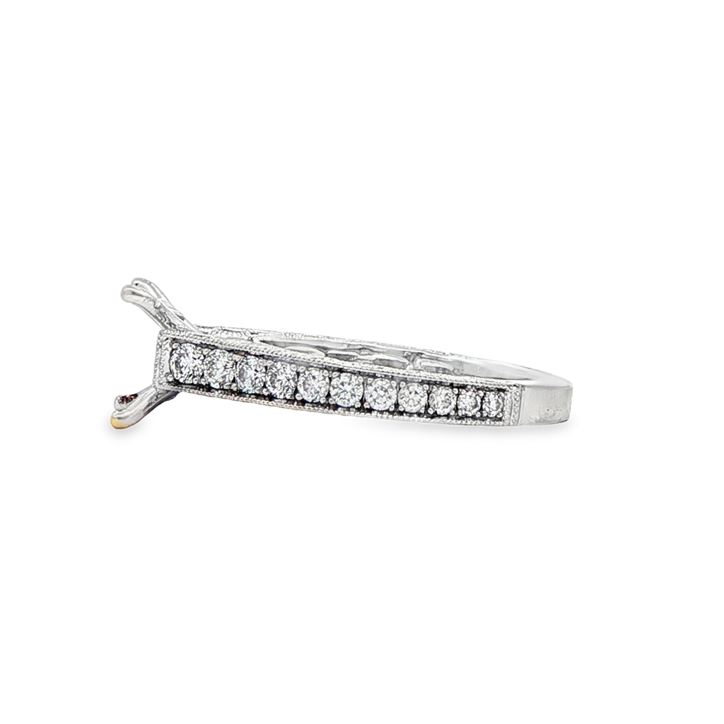 18K White Gold Ornate Cathedral Semi-Mount Ring – 1.09ctw. Natural Diamonds & Blue Sapphires