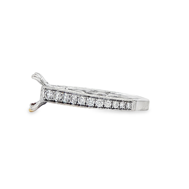 18K White Gold Ornate Cathedral Semi-Mount Ring – 1.09ctw. Natural Diamonds & Blue Sapphires