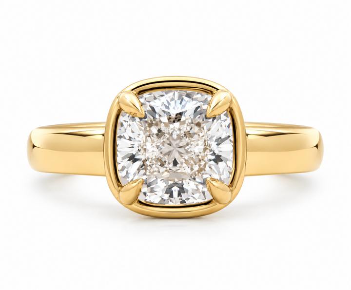 18K Yellow Gold 2.22ct Natural Cushion Cut Diamond Bezel Engagement Ring