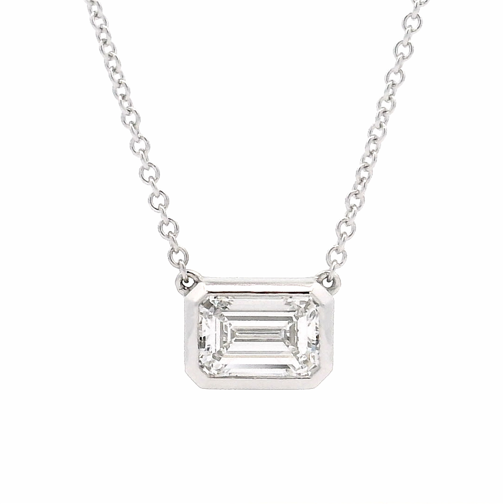 14K White Gold Lab Emerald Bezel Pendant – 1.16 ct Lab Grown Emerald Cut Diamond | 17" Chain