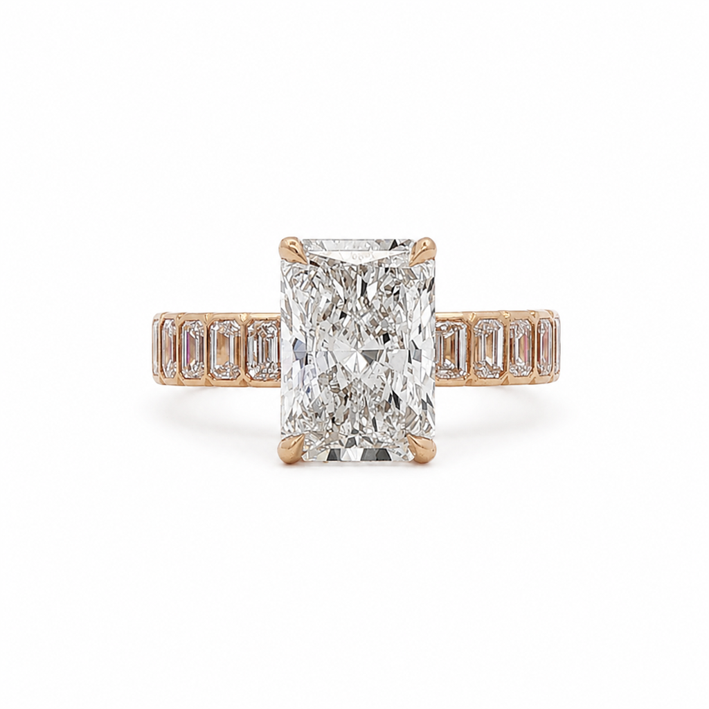 14K Yellow Gold Lab Grown Radiant Cut Diamond With Bezel Set Emerald Cut Engagement Ring – 3.93ctw.