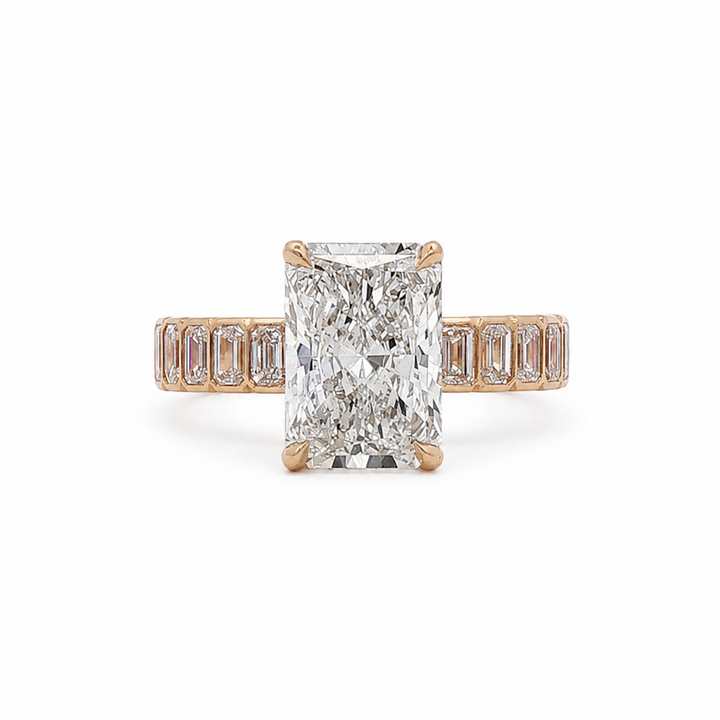 14K Yellow Gold Lab Grown Radiant Cut Diamond With Bezel Set Emerald Cut Engagement Ring – 3.93ctw.