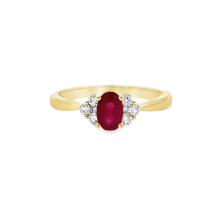 14K Yellow Gold Ruby & Diamond Ring – 6x4mm Ruby, 0.19ctw Diamonds