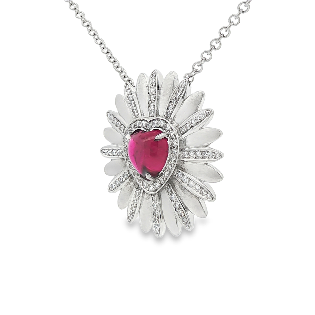 18K White Gold Natural Diamond Estate Daisy Flower Necklace with Rubellite Tourmaline