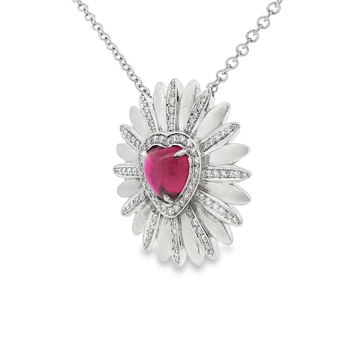 18K White Gold Natural Diamond Estate Daisy Flower Necklace with Rubellite Tourmaline