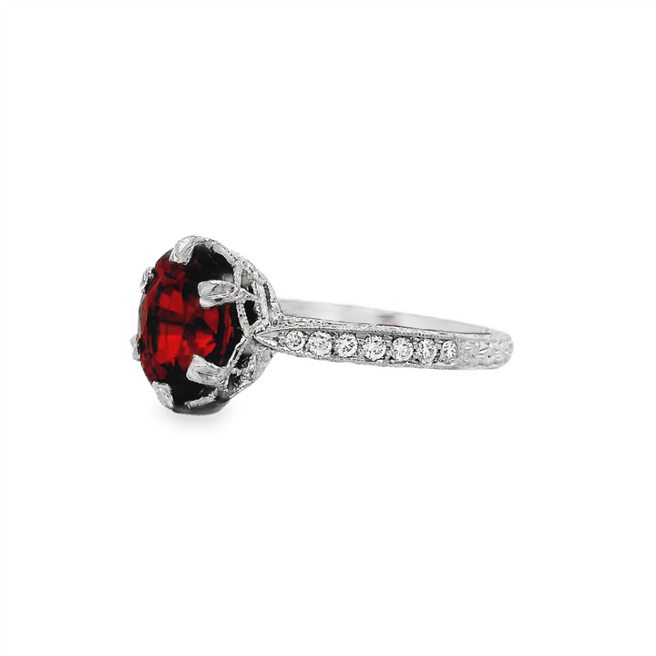 Platinum Hand-Engraved Mandarin Garnet & Diamond Ring – 2.49ctw.
