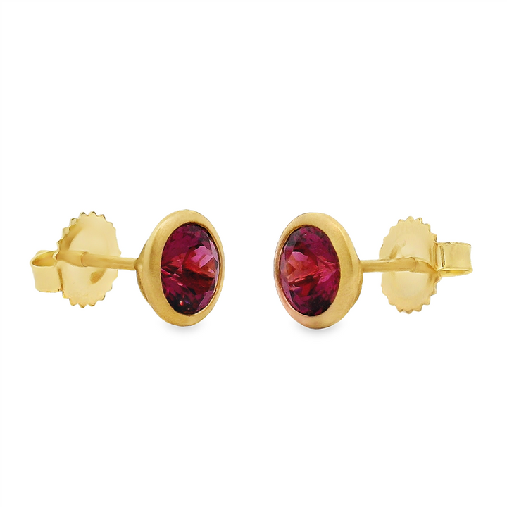 18K Yellow Gold Round Rhodolite Garnet Bezel Stud Earrings – 2.07ctw.