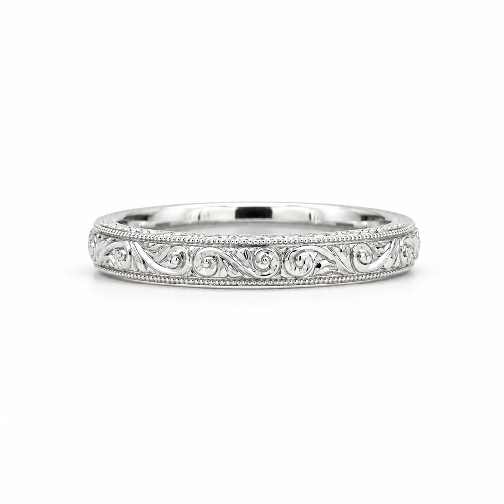 14K White Gold Hand-Engraved Band Ring – Size 6.5