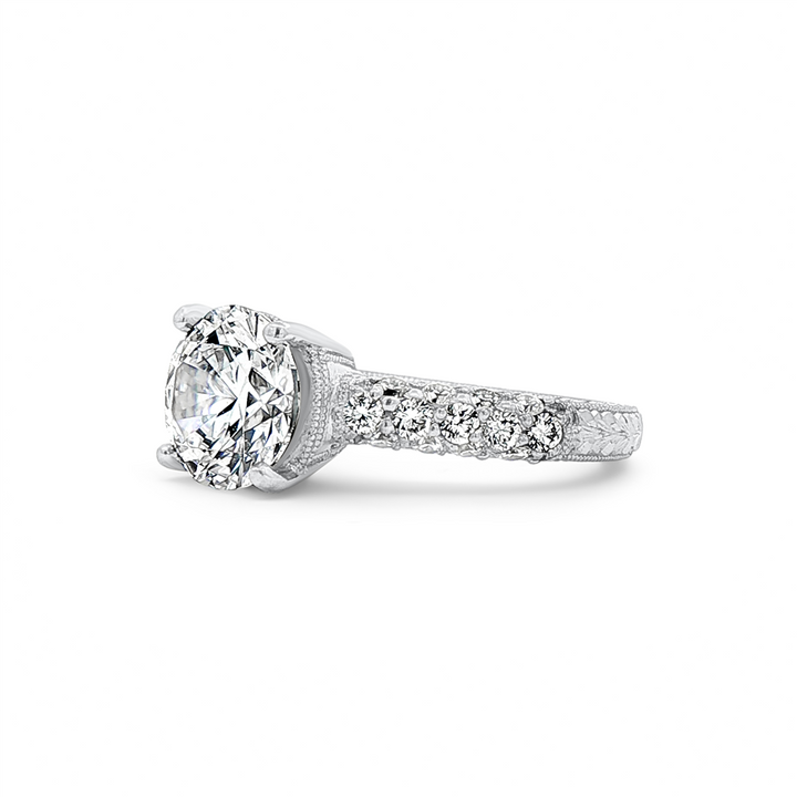 Platinum Three-Sided Pavé Hand-Engraved Natural Diamond Semi-Mount Engagement Ring