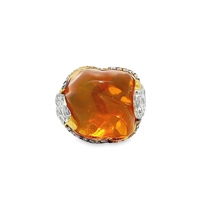 18K Yellow Gold Eagle Ring – 14.80ct Mexican Fire Opal with Diamond Accents