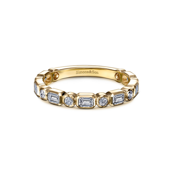14K Yellow Gold Smooth Bezel Round and Emerald Cut LAB Diamond 2/3 Wedding Band 0.79ctw.