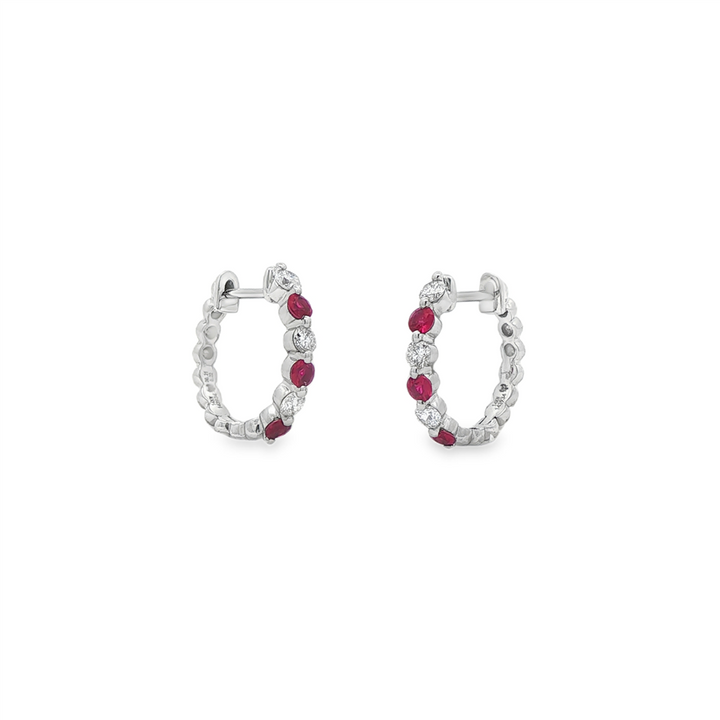 14K White Gold Diamond and Ruby Huggie Earrings – 0.42ctw.
