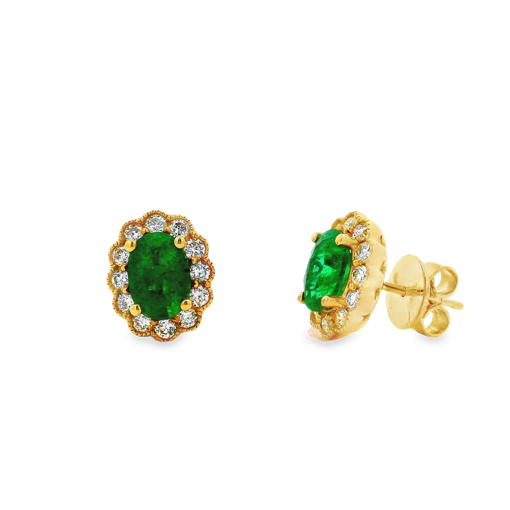 18K Yellow Gold Emerald Stud Earrings with Diamond Halo – 0.53ctw Diamonds