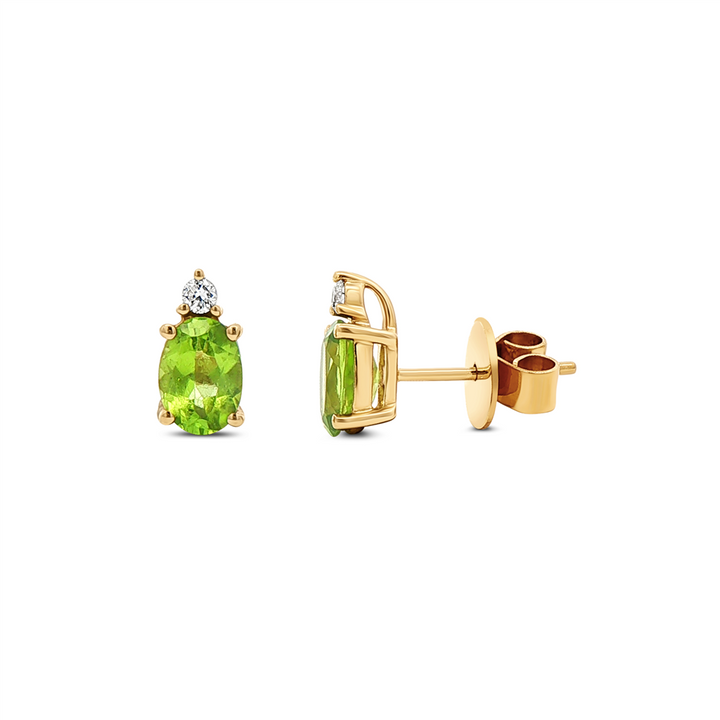 14K Yellow Gold 7x5mm Peridot Stud Earrings with Diamonds – 0.08ctw.