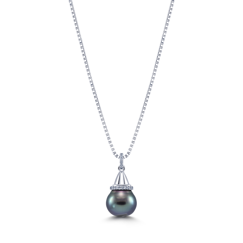 14K White Gold & Diamond Pendant 13.6mm Tahitian Pearl & 0.30ctw Diamonds.