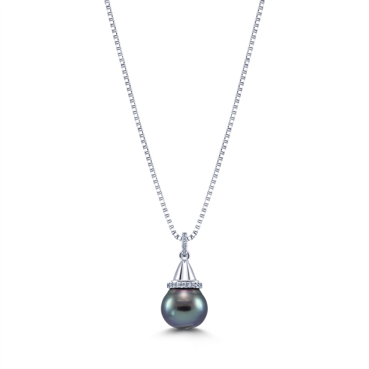 14K White Gold & Diamond Pendant 13.6mm Tahitian Pearl & 0.30ctw Diamonds.