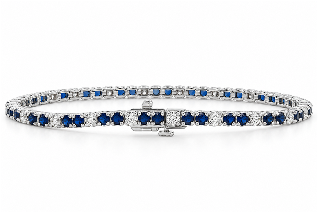 14K White Gold Natural Blue Sapphire & Diamond Tennis Bracelet – 3.36ctw